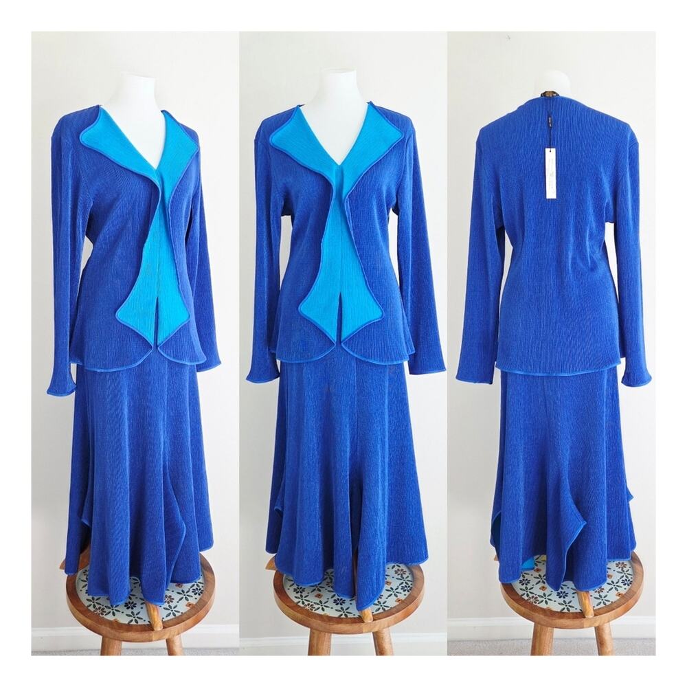 Jerry T New York Plisse Non-wrinkle Art To Wear midi Skirt Top Set XL Royal Blue